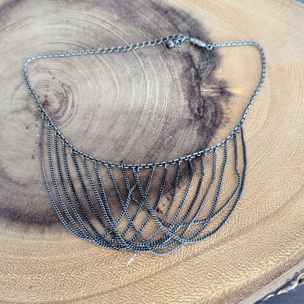 VINTAGE 90s Gunmetal Metal Layered Multi-Strand Chain Bib Statement Necklace